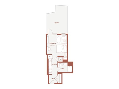 A floor plan of a house with a living area, kitchen, and bathroom.
